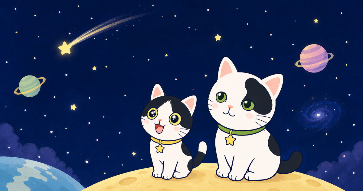 星がまたたく宇宙で、ゆうとみいが流れ星を見上げているイラスト